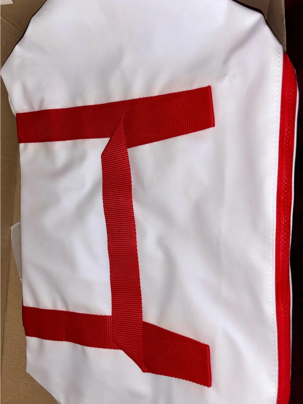 NWT Hugo Boss White Leatherette Canvas Duffel with Red Straps